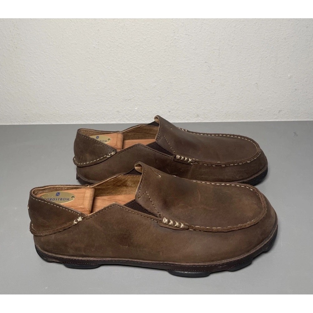 Olukai Moloa Men's Leather Slip On Shoes Dark Wood / Dark Java 10.5 Slippers